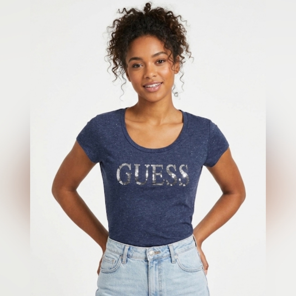Y2K Guess Navy Blue Sequin Logo T-Shirt